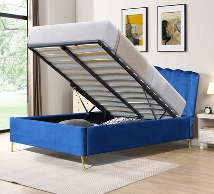 Blue Velvet Fabric Ottoman Gas Lift Storage Bed With Four Golden Feet