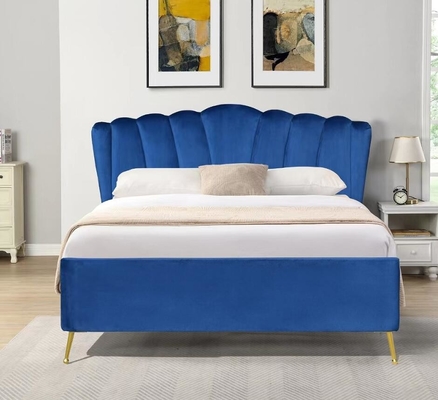 Blue Velvet Fabric Ottoman Gas Lift Storage Bed With Four Golden Feet