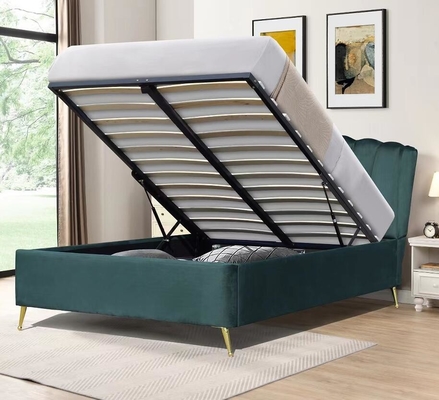 Blue Velvet Fabric Ottoman Gas Lift Storage Bed With Four Golden Feet