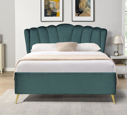 Blue Velvet Fabric Ottoman Gas Lift Storage Bed With Four Golden Feet