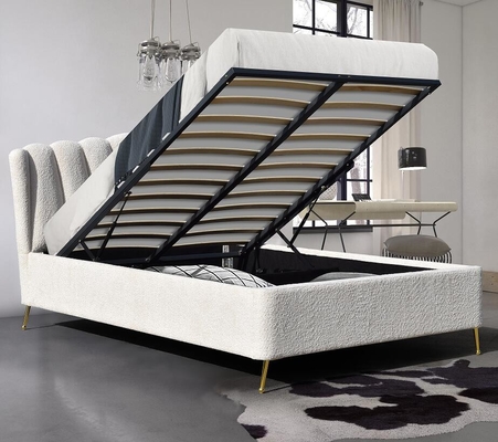 White Boucle Fabric Gas Lift Storage Bed With Four Metal Strong Feet