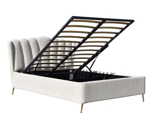 White Boucle Fabric Gas Lift Storage Bed With Four Metal Strong Feet