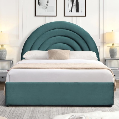 Detail Oriented Gas Lift Storage Bed Curved Shape Rainbow Headboard Grey Fabric