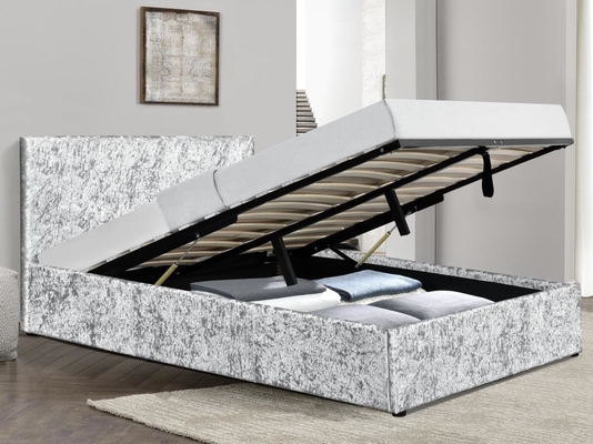 Crushed Velvet Gas Lift Bed Frame Silver Double Size For Bedroom