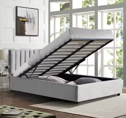 Light Grey Velvet Fabric Gas Lift Storage Bed Frame Double Size