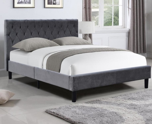 Velvet Fabric Dark Grey Upholstered Bed Frame Queen Size With Buttons On Headboard