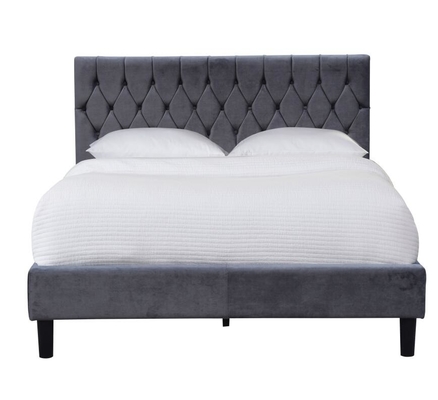 Velvet Fabric Dark Grey Upholstered Bed Frame Queen Size With Buttons On Headboard
