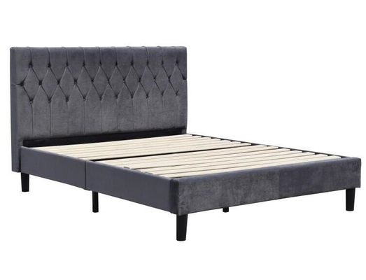 Velvet Fabric Dark Grey Upholstered Bed Frame Queen Size With Buttons On Headboard