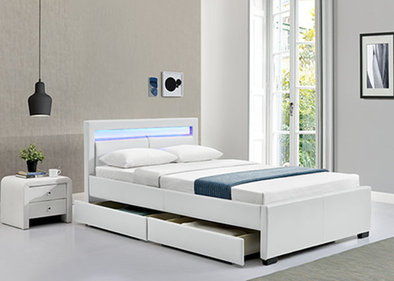 The Upholstered Bed has four pull-out storage drawers and  LED lights in its headboard.