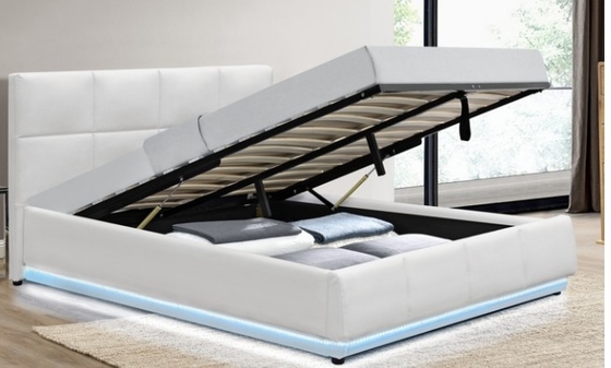 Optional Color Faux Leather Gas Lift Storage Bed With LED  Light  For Good Sleeping