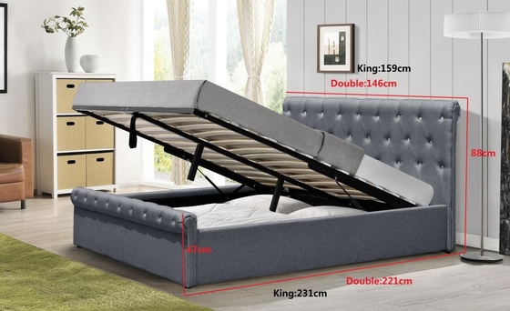 Diamond Buttons Gas Lift Storage Bed Double Size Grey Linen Ottoman Bed BSCI Certification