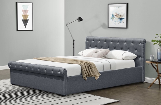 Diamond Buttons Gas Lift Storage Bed Double Size Grey Linen Ottoman Bed BSCI Certification