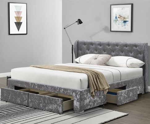 Fabric Tufted Storage Bed Crushed Velvet Silver Ottoman Drawer OEM Double Size Upholstered