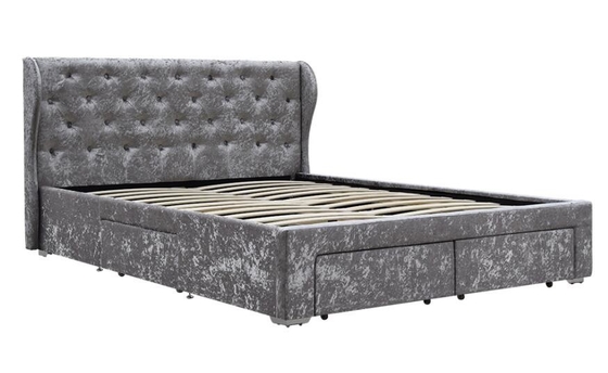 Fabric Tufted Storage Bed Crushed Velvet Silver Ottoman Drawer OEM Double Size Upholstered
