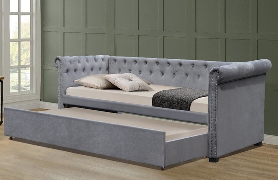 Full Size Velvet Upholstered  Daybed  Trundle Bed Chesterfield Grey Plush