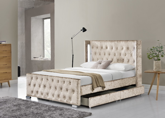 LED Fabric Queen Size Upholstered Platform Bed Frame With 4 Drawers