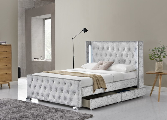 LED Fabric Queen Size Upholstered Platform Bed Frame With 4 Drawers
