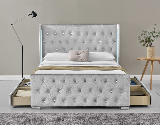LED Fabric Queen Size Upholstered Platform Bed Frame With 4 Drawers