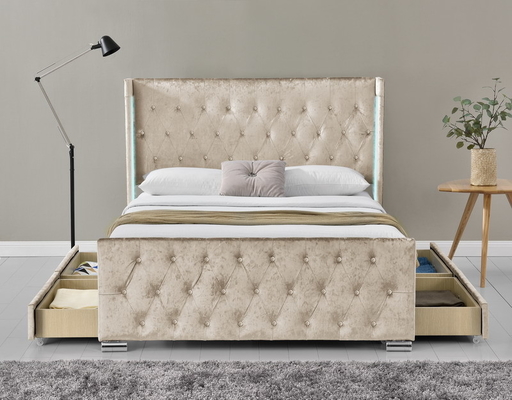 LED Fabric Queen Size Upholstered Platform Bed Frame With 4 Drawers