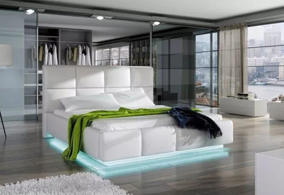 Luxury Storage Modern European Platform Bed White Faux Leather With LED Light 180*200cm