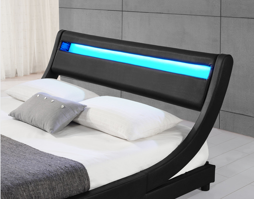 Plywood LED Upholstered Bed Light Headboard PU Black Leather Double Bed Frame