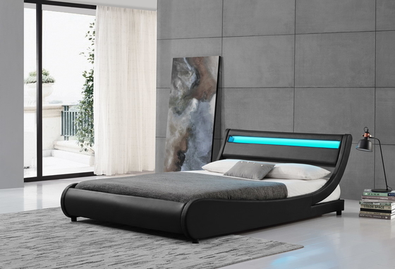 Plywood LED Upholstered Bed Light Headboard PU Black Leather Double Bed Frame