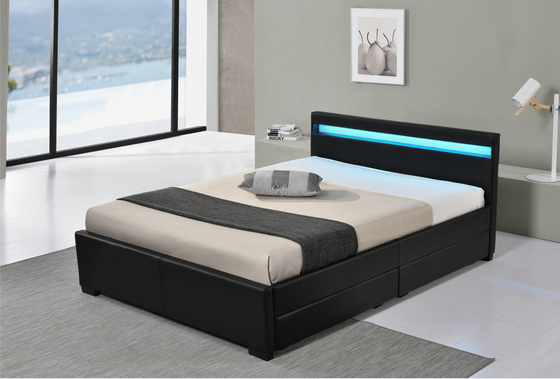 Pu Faux Leather LED Upholstered Bed With Storage Drawer 12 Months Warranty
