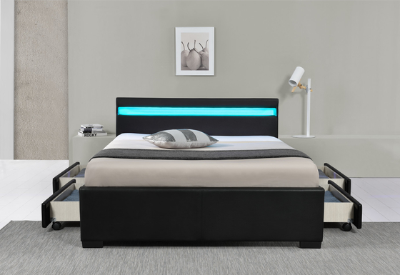 Pu Faux Leather LED Upholstered Bed With Storage Drawer 12 Months Warranty