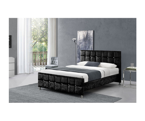 Crystal Button European Style King Size Bed Frame With Headboard Crushed Velvet Fabric