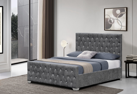 Crystal Tufted Velvet Upholstered Bed Frame Luxurious Buttons High Headboard Style