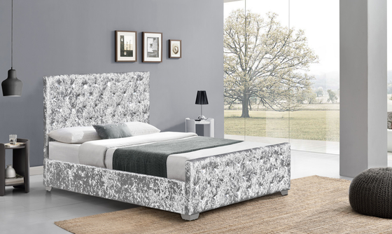 Crystal Tufted Velvet Upholstered Bed Frame Luxurious Buttons High Headboard Style
