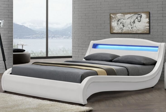 Double White LED Upholstered Bed Frame With Lights Small Leather Padded Sleigh Bed