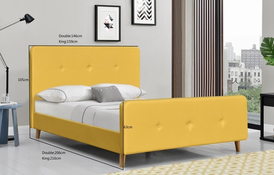 Linen Fabric Upholstered Double Bed Frame Yellow Plywood