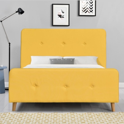 Linen Fabric Upholstered Double Bed Frame Yellow Plywood