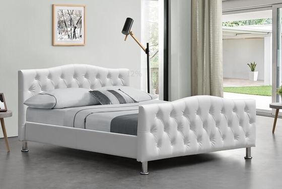 White Diamond Tufted Leather Queen Size Bed Frame Crystal Buttons BSCI