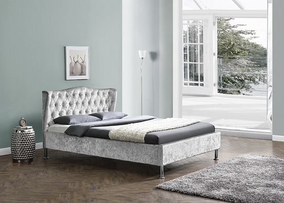 Linen Fabric Upholstered Platform Bed Frame With Buttons Modern Light Grey King Size