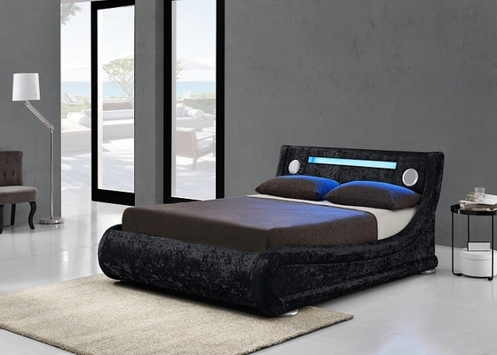 Black Leather Upholstered King Size Storage Bed Curve Shape With LED Light