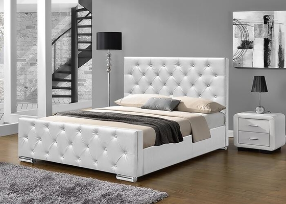 Chrome Feet Faux Leather Bed Double Size Plywood Upholstery White