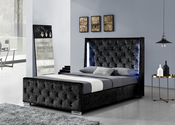 Upholstered Crushed Velvet Double Bed Fabric Platform Bed With LED High Headboard EN1725