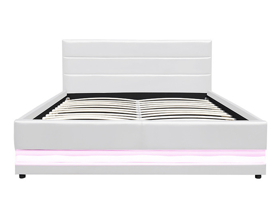 White Leather Gas Lift Storage Double Bed Modern Fabric Upholstered With LED Light