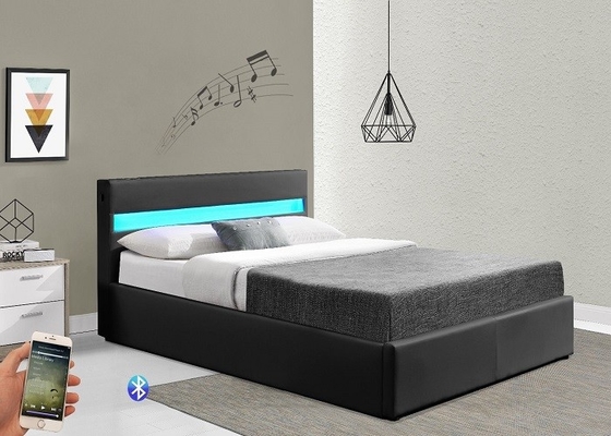 Crushed Velvet Gas Lift Storage Bed Modern Upholstered Grey With LED Light