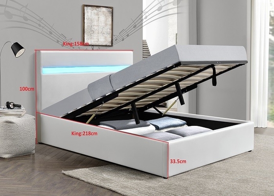 Crushed Velvet Gas Lift Storage Bed Modern Upholstered Grey With LED Light