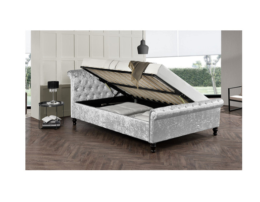 Professional Factory King Size Grey Crush Velvet Fabric Bed With Crystal Buttons