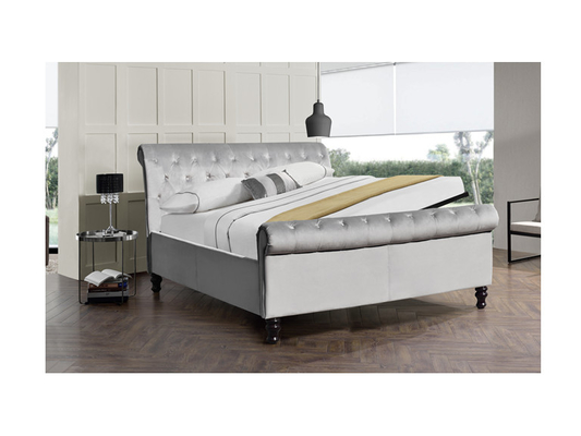 Professional Factory King Size Grey Crush Velvet Fabric Bed With Crystal Buttons