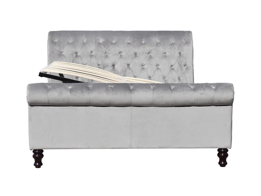 Professional Factory King Size Grey Crush Velvet Fabric Bed With Crystal Buttons