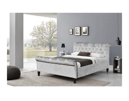 Professional Factory King Size Grey Crush Velvet Fabric Bed With Crystal Buttons