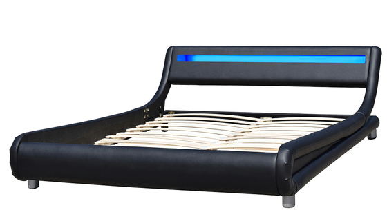 Wave Shape LED Upholstered Bed Full Size Faux Leather Platform