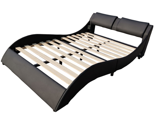Double Queen Size LED Upholstered Bed Frame With PU Leather Black