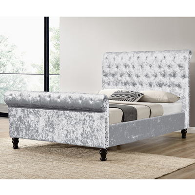 Silver Black Upholstered Bed Frame Crushed Velvet Fabric Bed Diamond Buttons King Size