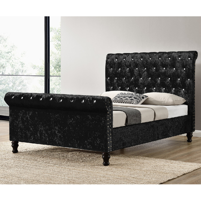 Silver Black Upholstered Bed Frame Crushed Velvet Fabric Bed Diamond Buttons King Size